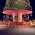 Festively Decorated Christmas Tree With Twinkling Lights Ornaments And Carousel Base Decorations