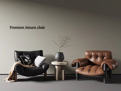 Premium Leather Leisure Chairs In Black And Brown With Side Table Vase And Twigs 3d model
