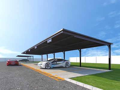 Covered Parking Lot With Parked Cars Gray Pavement Green Lawn And Blue Sky 3d model