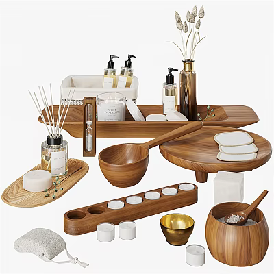 Natural Bathroom Accessories With Wooden Tray Aromatherapy Candles Soap Dish And Towels 3d model