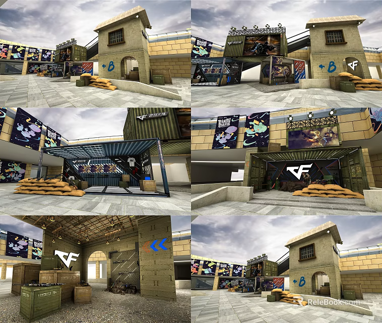 Detailed CF Game Scene With Military Style Buildings Flags And Crates 3d model 