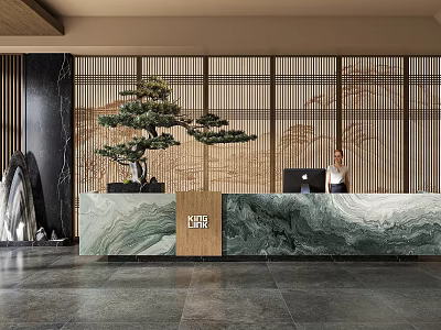 Hotel Front Desk With KAI Logo Green Marble Countertop Wooden Lattice Screen And Bonsai Pine 3d model