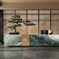 Hotel Front Desk With KAI Logo Green Marble Countertop Wooden Lattice Screen And Bonsai Pine