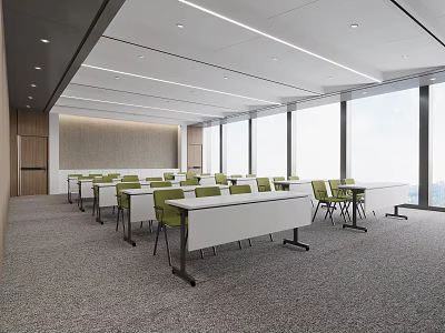 Modern Public Office Space With Long Tables Green Chairs And Large Windows 3d model