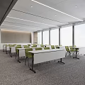Modern Public Office Space With Long Tables Green Chairs And Large Windows