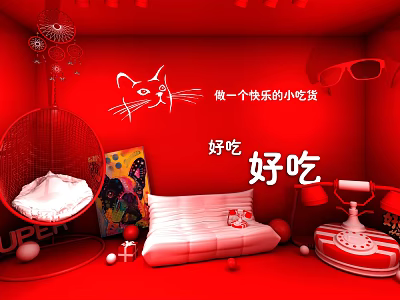 Red Themed Room With Cat Illustration Happy Food Lover Decor And Hanging Chair 3d model