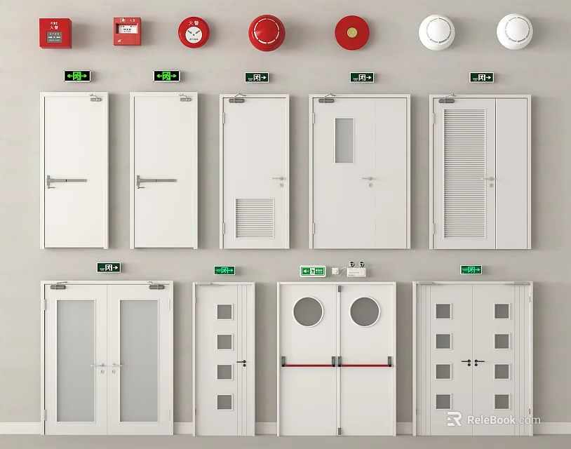 Fire Safety Equipment Collection With Red Alarm Devices And White Fire Doors 3d model 