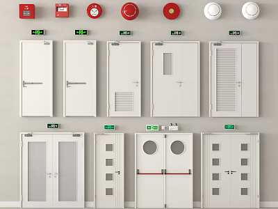 Fire Safety Equipment Collection With Red Alarm Devices And White Fire Doors 3d model