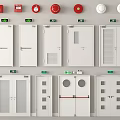 Fire Safety Equipment Collection With Red Alarm Devices And White Fire Doors