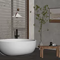 White Freestanding Bathtub with Wooden Stool and Potted Plant Near Window Blinds
