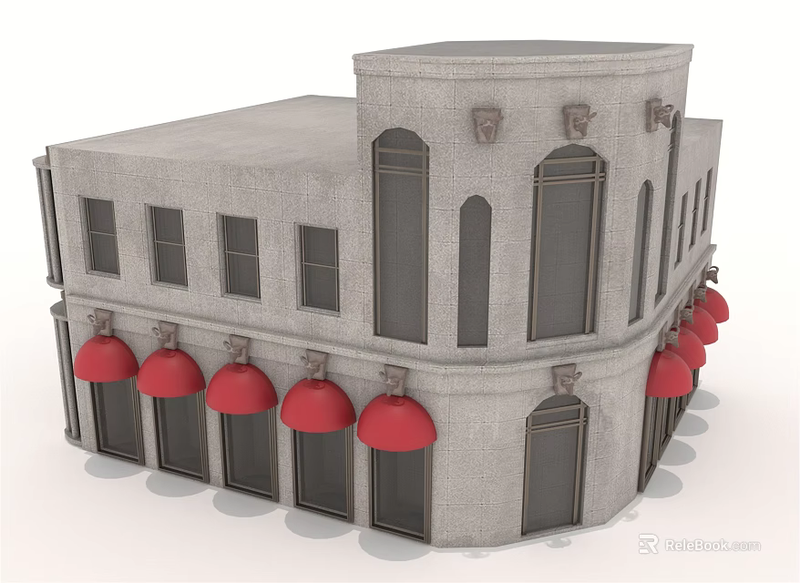 Modern Commercial Complex Featuring Gray Exterior Red Awnings Multiple Storefronts And Corner Design 3d model