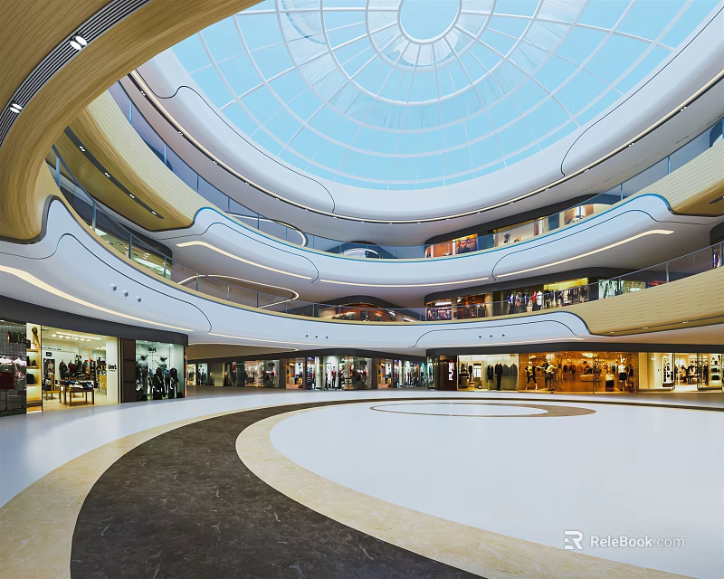 Modern Shopping Mall Atrium With Glass Dome Multiple Floors Corridors Shops And Bright Lighting 3d model 