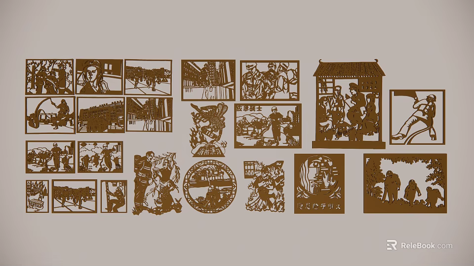 Traditional Paper Cut Decorative Pendants with Folk Style Scenery and Characters 3d model 