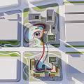 Modern Industrial Factory Park With Multiple Buildings Green Spaces And Water Features
