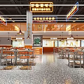 Restaurant Interior Design With Metal Tables Chairs Pendant Lights Decorative Signs And Terrazzo Floor