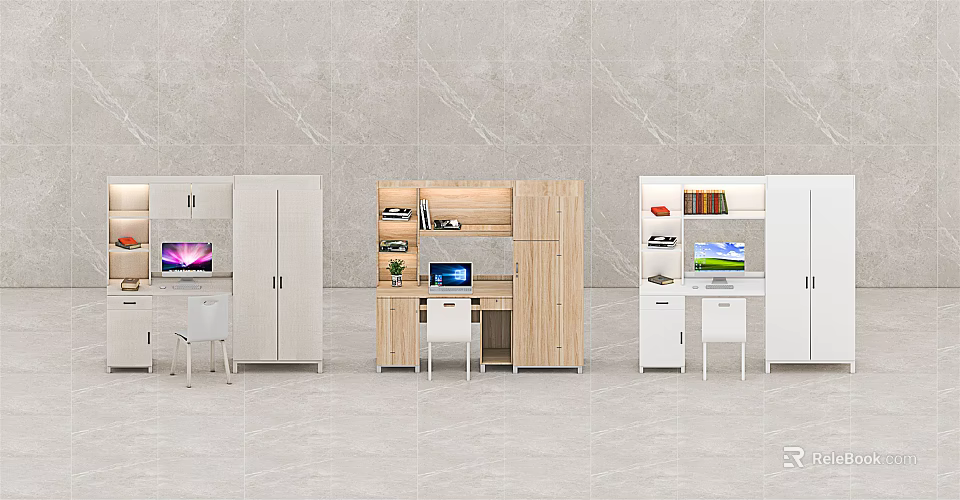 Modern Home Office Desk Designs With Wooden White Storage And Computer Setup 3d model 