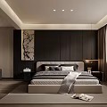 Modern Minimalist Bedroom Interior With Bed Nightstands Rug Curtains And Recessed Lighting