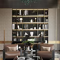 Modern Study Room Interior Design With Wooden Bookshelves Chandelier Sofa And Marble Floor