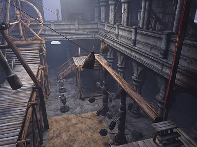 Medieval Interior Scene with Wooden Structures Stone Arches Multi Level Platforms Ropes and Hanging Buckets 3d model
