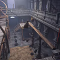 Medieval Interior Scene with Wooden Structures Stone Arches Multi Level Platforms Ropes and Hanging Buckets