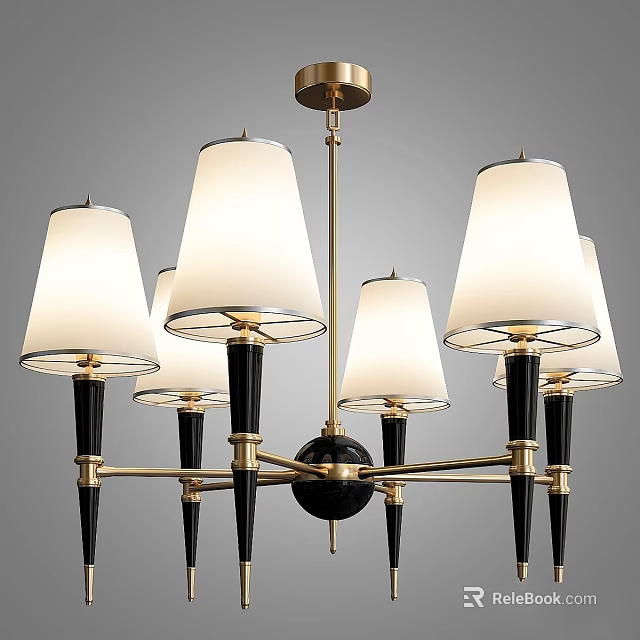 Elegant Modern Chandelier With White Fabric Shades Brass Accents And Black Metal Spire Arms 3d model 