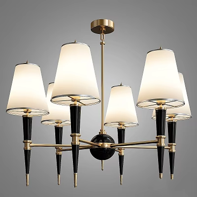 Elegant Modern Chandelier With White Fabric Shades Brass Accents And Black Metal Spire Arms 3d model