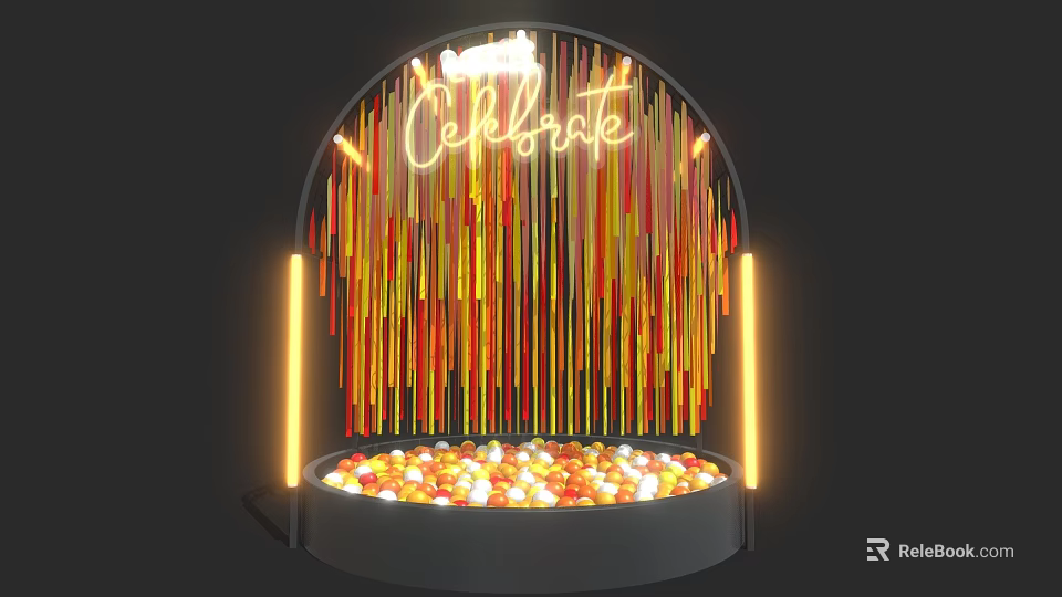 Arched Event Entrance with Neon Celebrate Sign Colorful Hanging Strips and Colorful Balls 3d model 