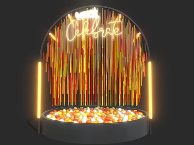 Arched Event Entrance with Neon Celebrate Sign Colorful Hanging Strips and Colorful Balls 3d model