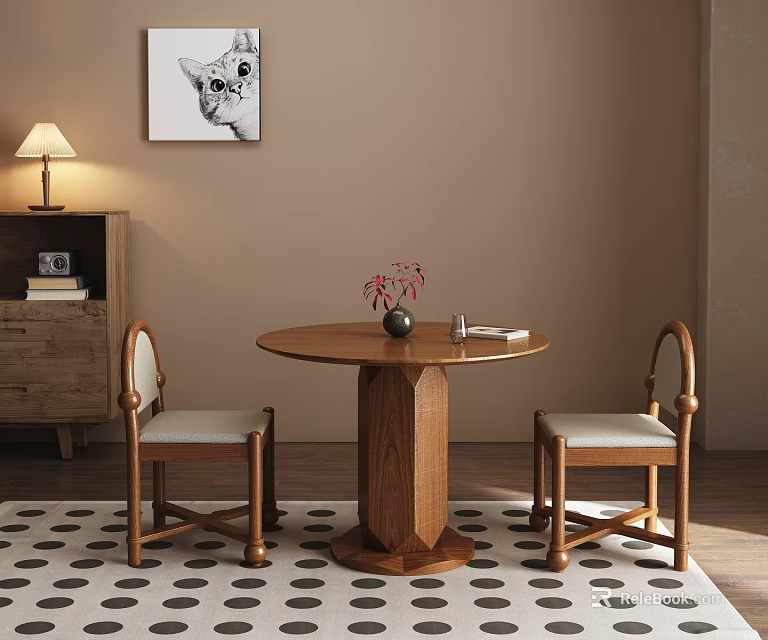 Round Wooden Dining Table Set With Two Chairs And Polka Dot Rug 3d model