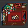 Cartoon Christmas Living Room With Decorated Tree Star Lights Red Sofa And Rocking Horse