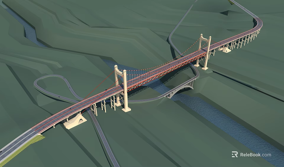 Cable Stayed Bridge With Twin Towers Over River And Green Landscape Road Connections 3d model 