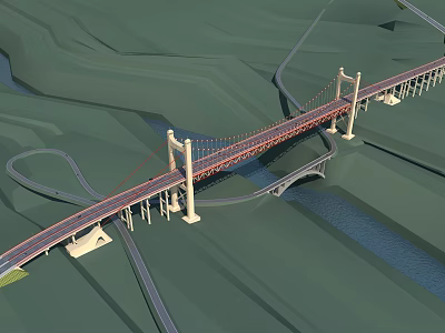 Cable Stayed Bridge With Twin Towers Over River And Green Landscape Road Connections 3d model