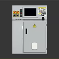 Industrial Control Panel With Stainless Steel Cabinet Display Screen Control Buttons And Warning Sign