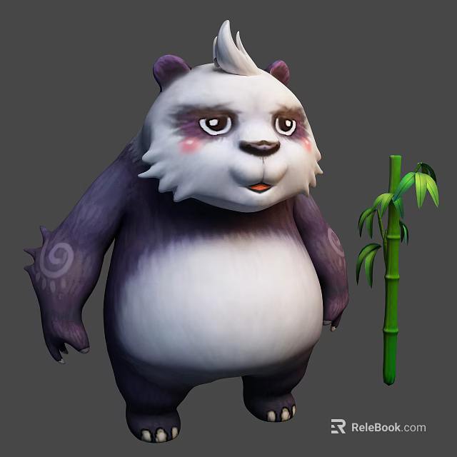 Panda Game Movie Character With White And Purple Fur Red Cheeks And Green Bamboo 3d model 