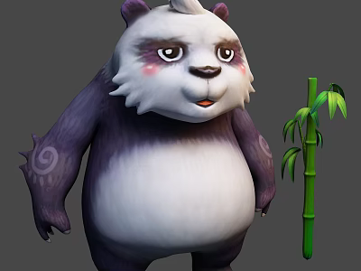 Panda Game Movie Character With White And Purple Fur Red Cheeks And Green Bamboo 3d model