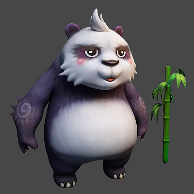 Panda Game Movie Character With White And Purple Fur Red Cheeks And Green Bamboo 3d model