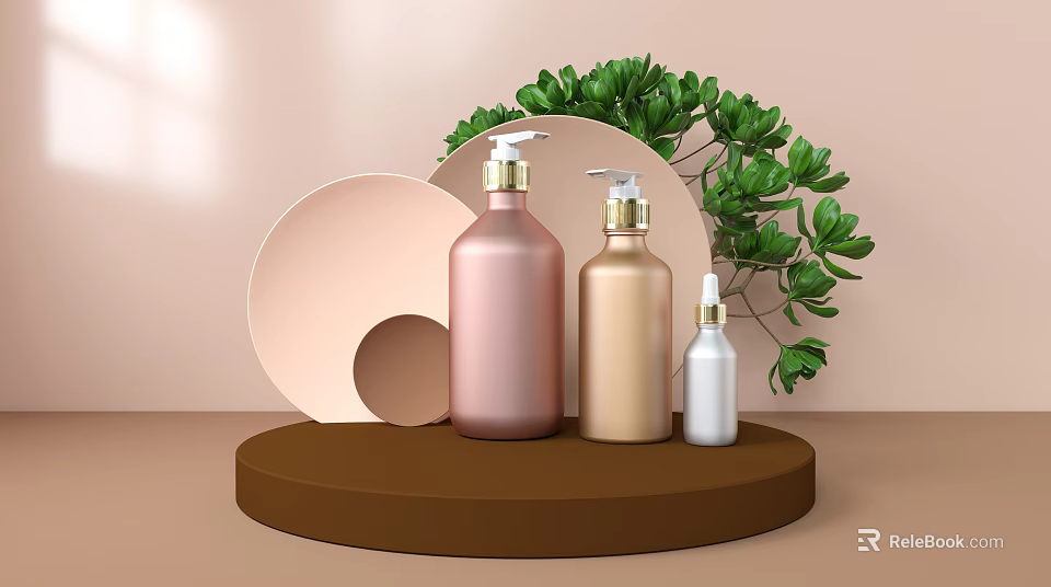 Perfume Cosmetics Display With Pink Gold White Bottles And Green Plant Decor 3d model 