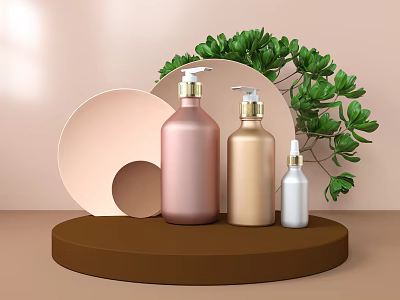 Perfume Cosmetics Display With Pink Gold White Bottles And Green Plant Decor 3d model