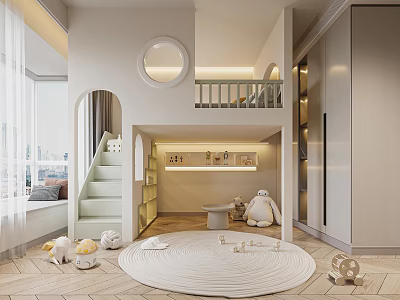 Modern Kids Room With Loft Bed Staircase Round Window Round Rug And Storage Cabinets 3d model
