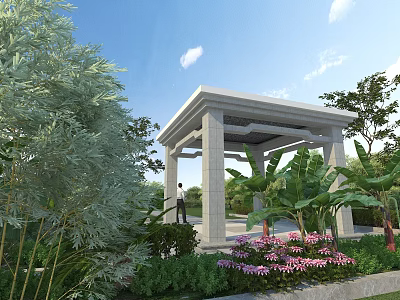 Stone Pavilion In Garden Landscape With Green Plants Pink Flowers And Blue Sky 3d model