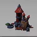 Colorful Cartoon Castle Ruins With Red Towers Blue Barrels And Toy Parts