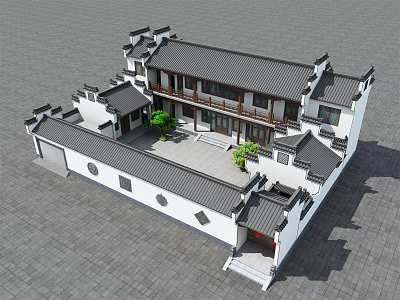 Traditional Ancient Chinese Architecture With Grey Tile Roof Courtyard Green Plants And White Walls 3d model