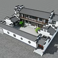 Traditional Ancient Chinese Architecture With Grey Tile Roof Courtyard Green Plants And White Walls