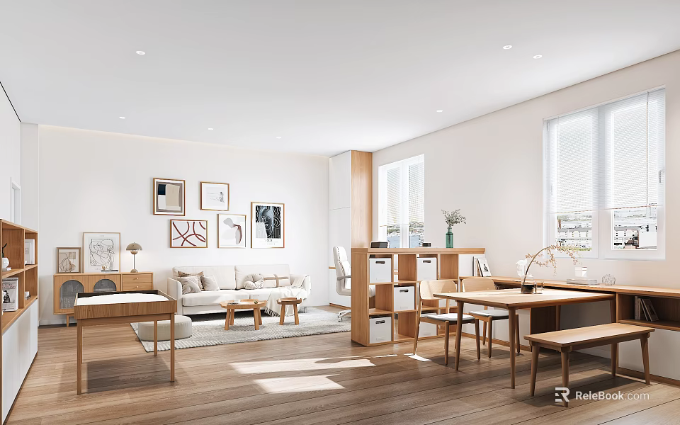 Modern Apartment Interior With Living Room Study Area Sofa Desk And Wall Art 3d model 