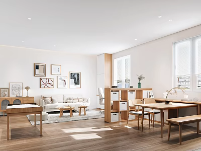 Modern Apartment Interior With Living Room Study Area Sofa Desk And Wall Art 3d model