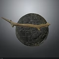 Artistic Stone Sphere Sculpture With Wooden Branch Handle And Textured Surface