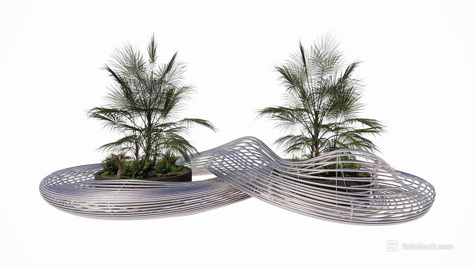 Outdoor Wavy Metal Landscape Seat With Decorative Plants And Curved Design 3d model 
