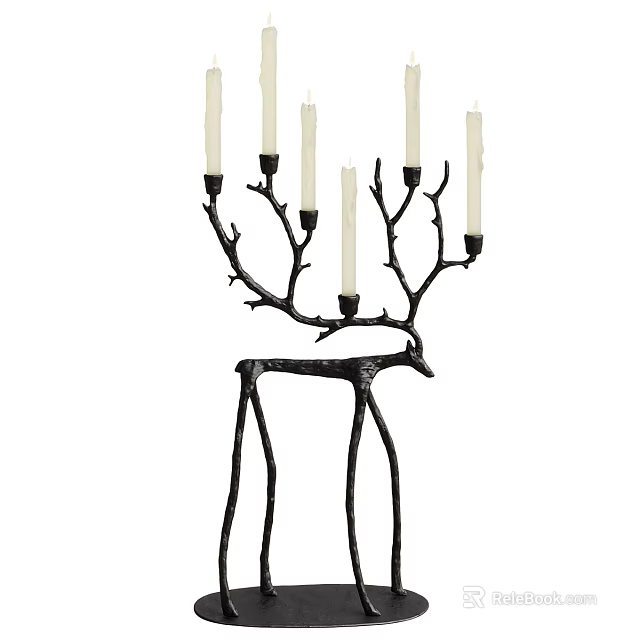 Black Metal Deer Shaped Candle Holder With Six White Candles And Decorative Branches 3d model 