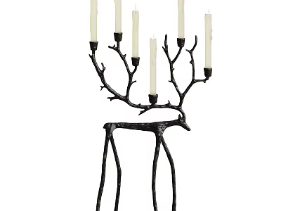 Black Metal Deer Shaped Candle Holder With Six White Candles And Decorative Branches 3d model