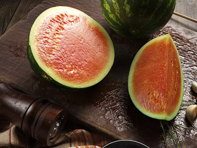 Fresh Ripe Watermelon Sliced With Red Flesh And Black Seeds On Wooden Board 3d model Fresh Ripe Watermelon Sliced With Red Flesh And Black Seeds On Wooden Board 3d model